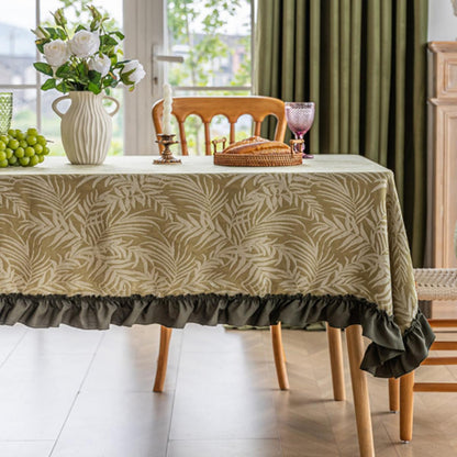 Green-based White-leaf Jacquard Tablecloth with Appliqué Lace Trim
