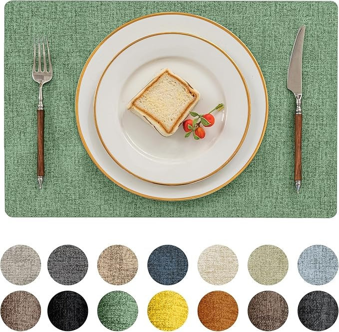 Polyurethane Linen-textured 100% Waterproof Oil-Proof Wipeable Heat Resistant Placemats Set in Dark Green