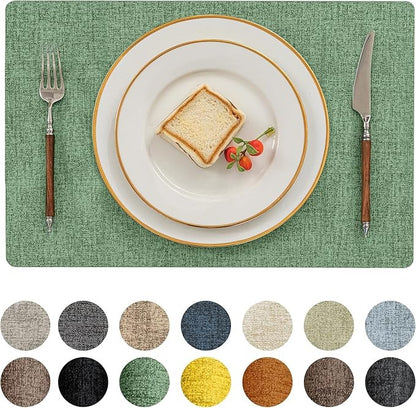 Polyurethane Linen-textured 100% Waterproof Oil-Proof Wipeable Heat Resistant Placemats Set in Dark Green