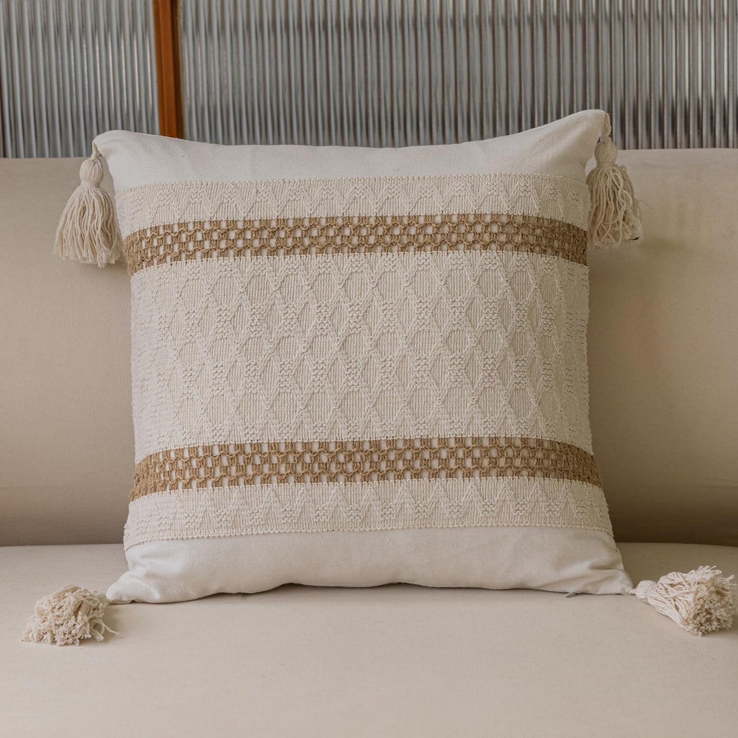 Bohemian neutral double slender-striped pillowcases with tassels