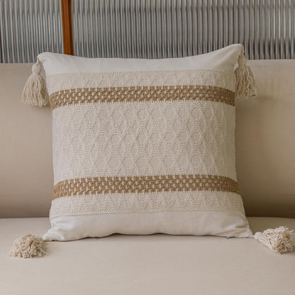 Bohemian neutral double slender-striped pillowcases with tassels