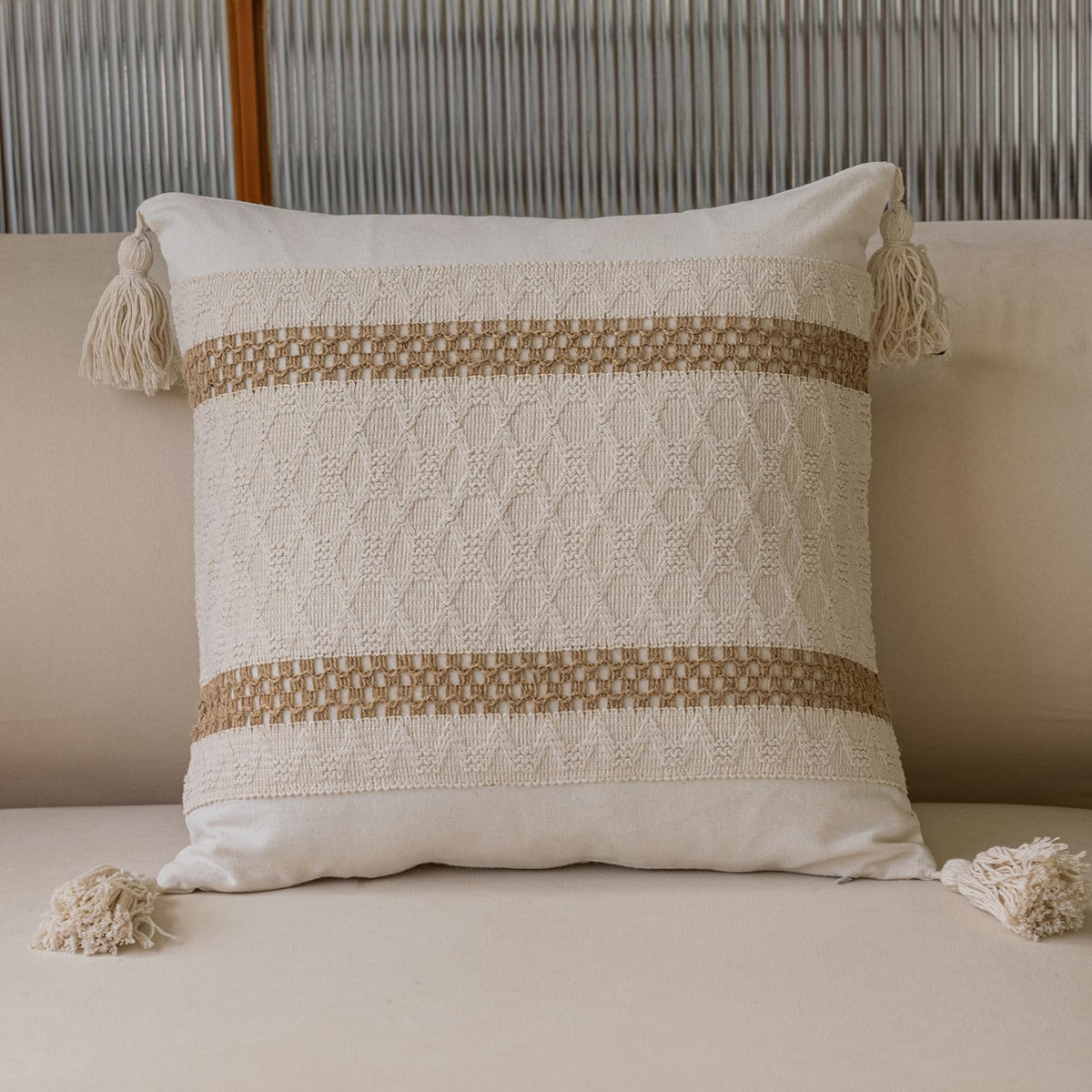 Bohemian neutral double slender-striped pillowcases with tassels