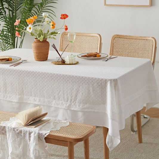 French-style cotton-linen double-layer lace tablecloth in White