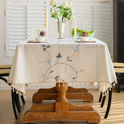 Polyester-Cotton Blend Embroidered Blue Branch Tablecloth