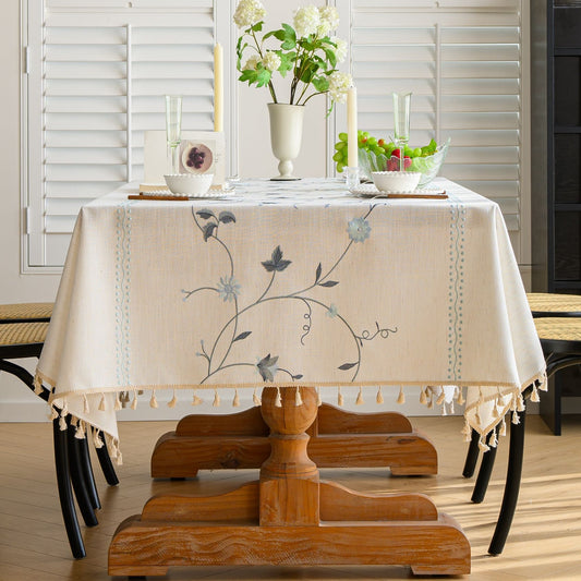 Polyester-Cotton Blend Embroidered Blue Branch Tablecloth