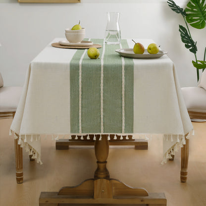 Wrinkle-Resistant and Waterproof Cotton Blend Tassel Tablecloth in Sage Lines