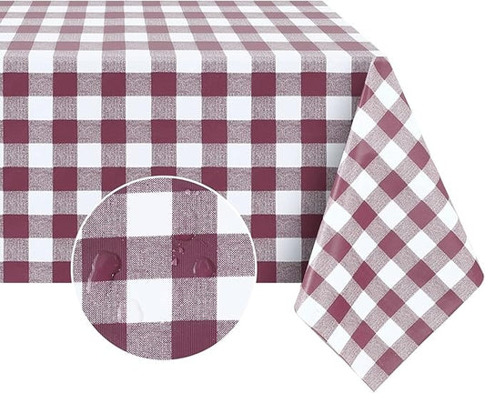 PVC Waterproof and Oil Resistant Plaid Tablecloth in Burgundy and White