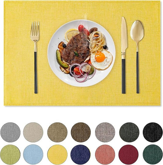 Polyester Burlap Waterproof Oil Resistant Wipeable Heat Resistant Placemats Set in Yellow