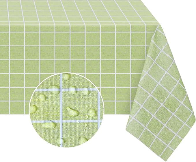 PVC Waterproof and Oil Resistant LargePlaid Tablecloth in Green and White