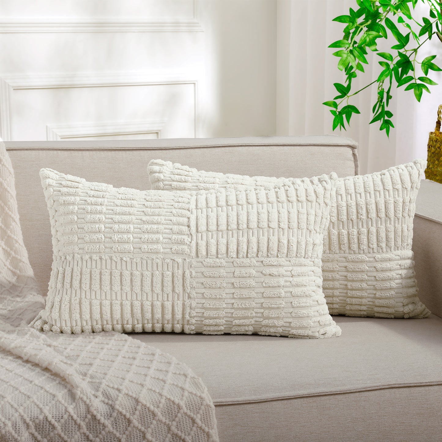 Soft Corduroy Puffy Irregularly Stripe Pattern Pillowcases in Cream