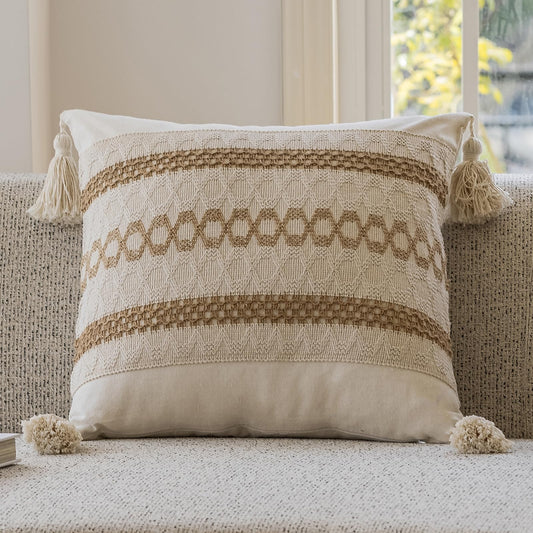 Bohemian neutral triple striped pillowcases with tassels
