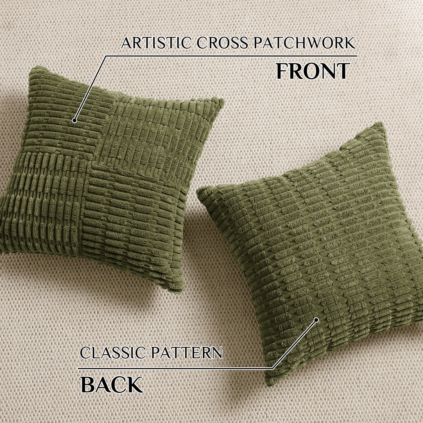 Soft Corduroy Puffy Irregularly Stripe Pattern Pillowcases in Olive-green