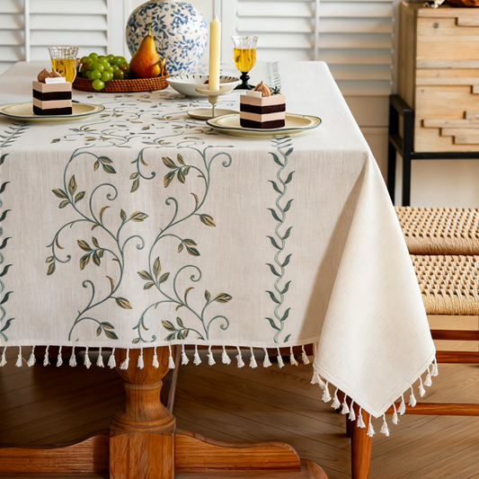 Polyester-Cotton Blend Embroidered Green Mimosa Tablecloth