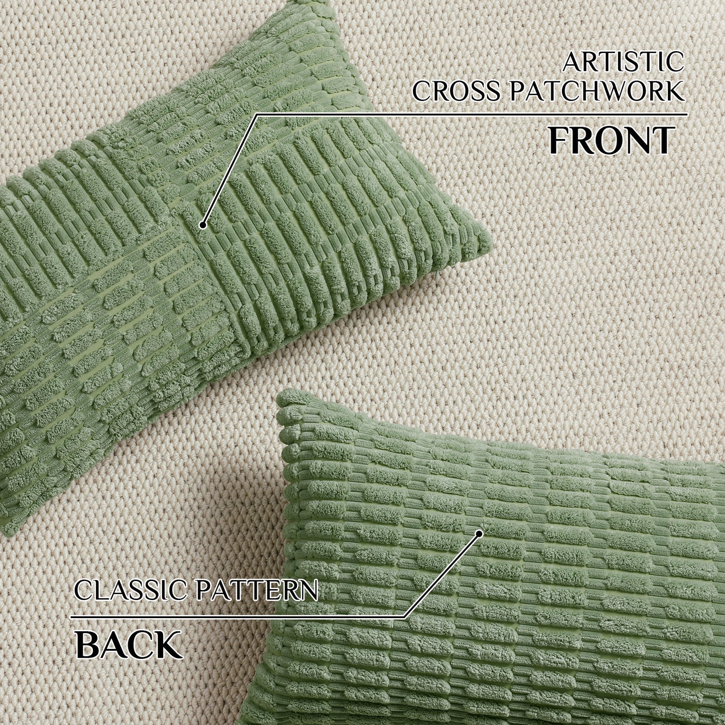 Soft Corduroy Puffy Irregularly Stripe Pattern Pillowcases in Green