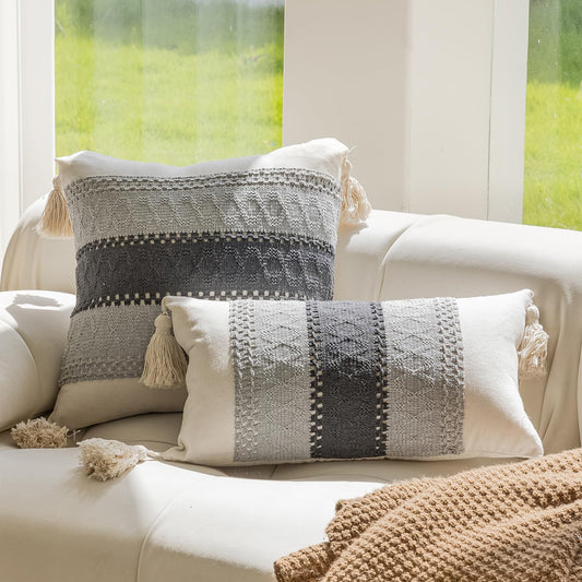 Grey three-stripe pillowcases with tassels