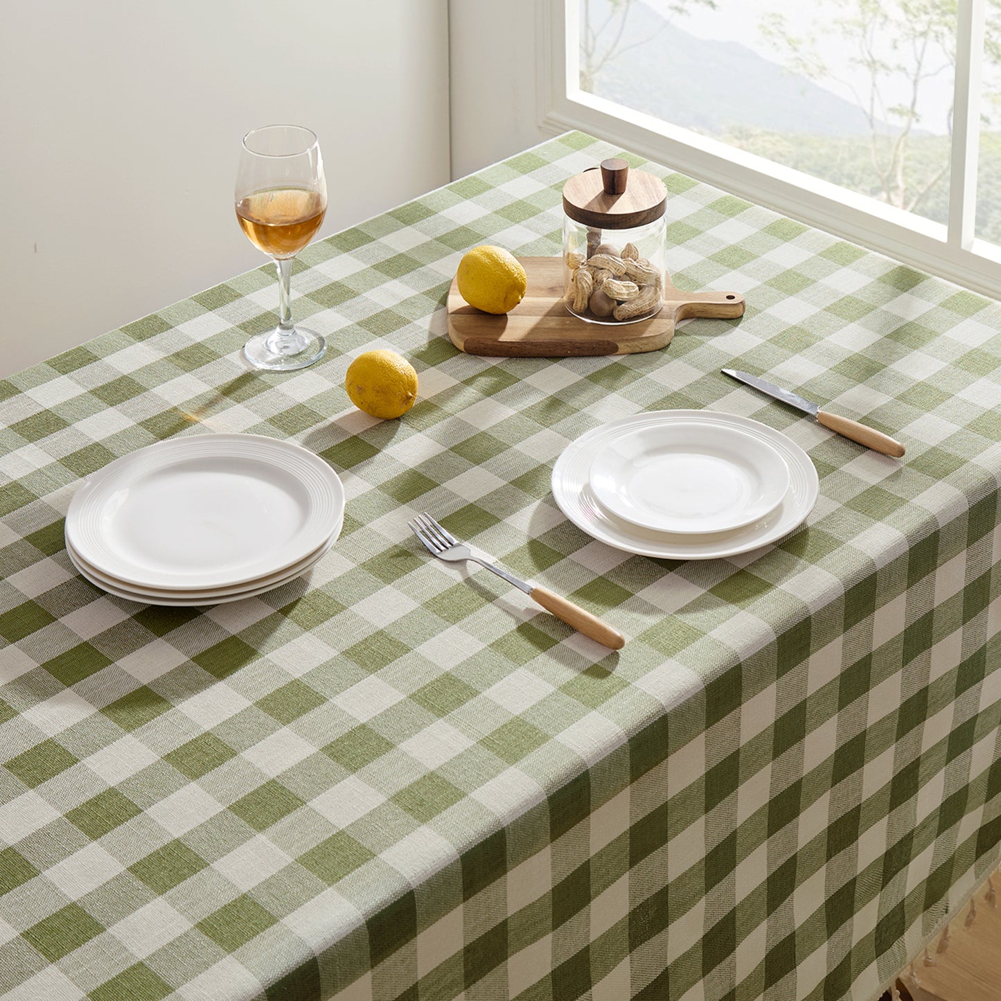 Wrinkle-Resistant Cotton Blend Classic Gingham Tablecloth with Tassels in Sage