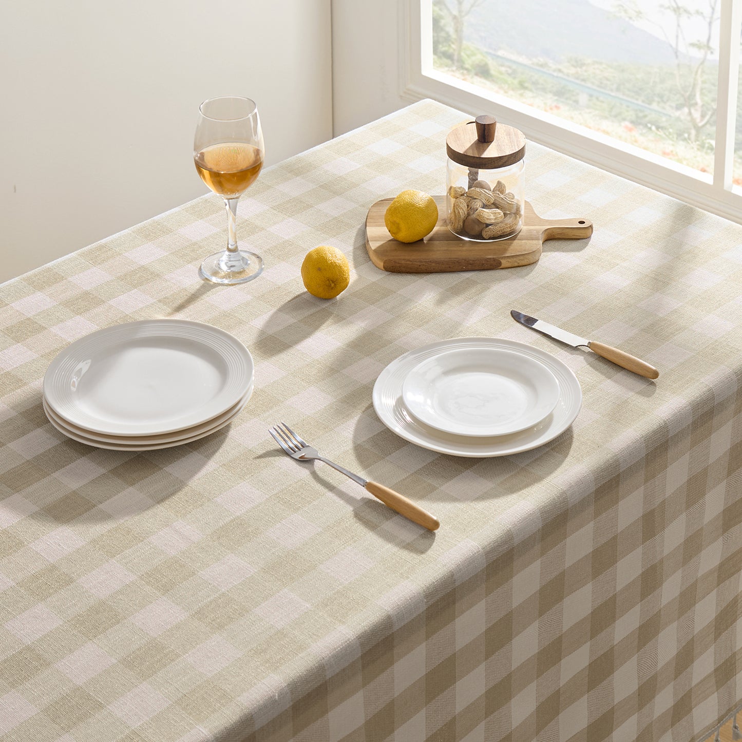 Wrinkle-Resistant Cotton Blend Classic Gingham Tablecloth with Tassels in Beige