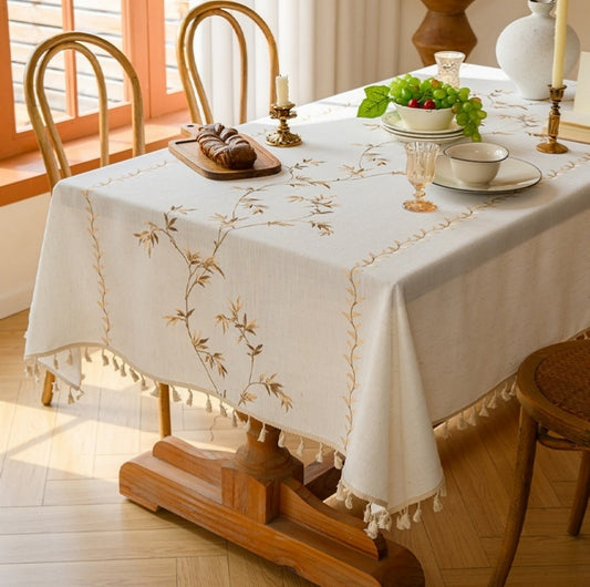 Polyester Embroidered Gold Bamboo Leaf Tablecloth