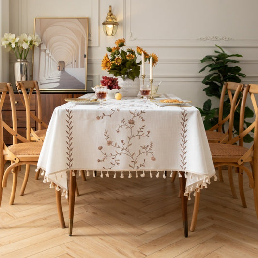 Cotton and linen tablecloth with curry roses on white background