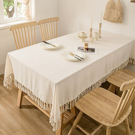 Cotton-linen tablecloth with tassels in Beige