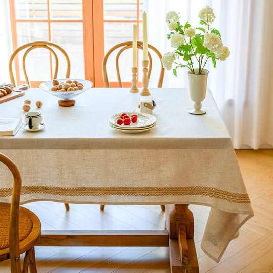 White Polyester Linen Tablecloth with Brown Lace