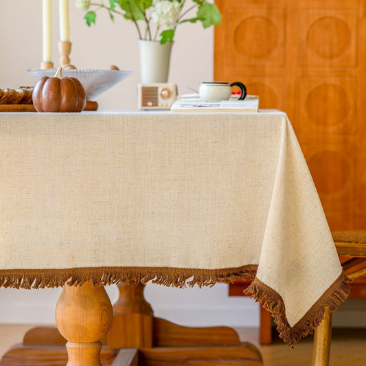 White Polyester Linen Tablecloth with Brown Fringe