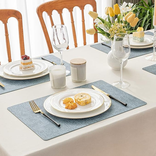 Polyurethane Linen-textured 100% Waterproof Oil-Proof Wipeable Heat Resistant Placemats Set in Sky Blue