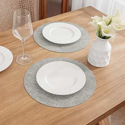 Polyurethane Linen-textured 100% Waterproof Oil-Proof Wipeable Heat Resistant Round Placemats Set in Light Grey