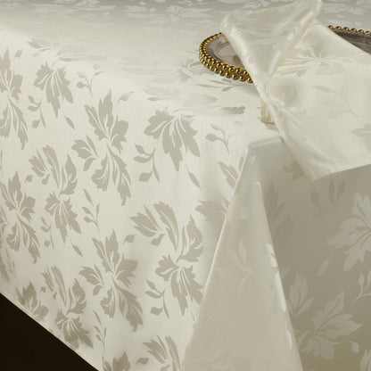 Polyester Jacquard Waterproof Damask Floral Pattern Tablecloth in Ivory