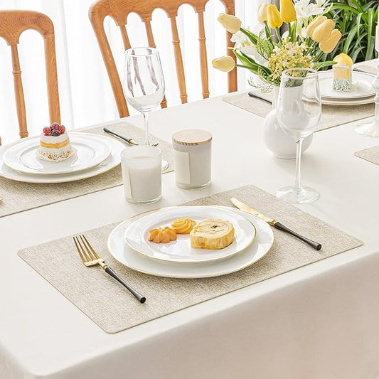 Polyurethane Linen-textured 100% Waterproof Oil-Proof Wipeable Heat Resistant Placemats Set in Beige