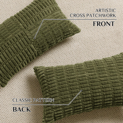 Soft Corduroy Puffy Irregularly Stripe Pattern Pillowcases in Olive-green
