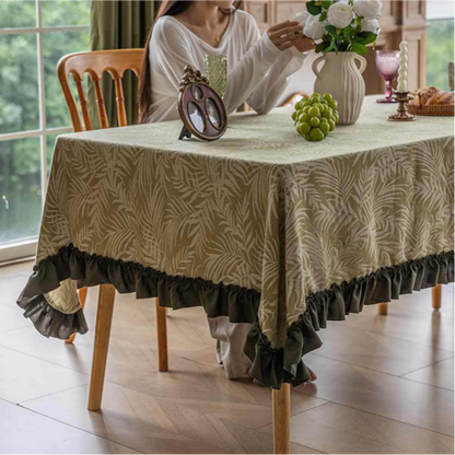 Green-based White-leaf Jacquard Tablecloth with Appliqué Lace Trim
