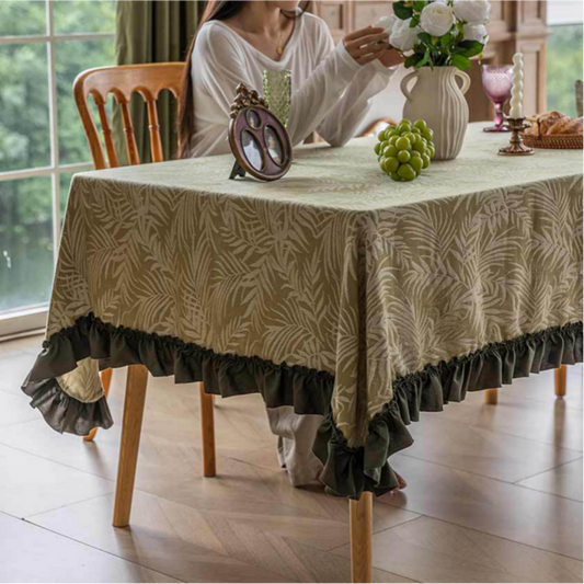 Green-based White-leaf Jacquard Tablecloth with Appliqué Lace Trim
