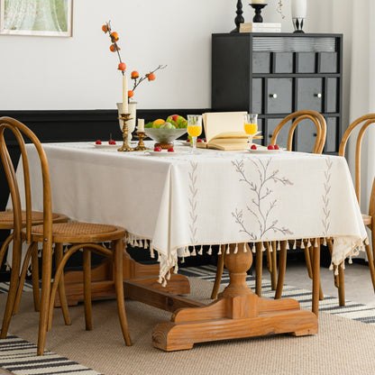 Cotton-Linen Embroidered Grey-beige Floral Tablecloth