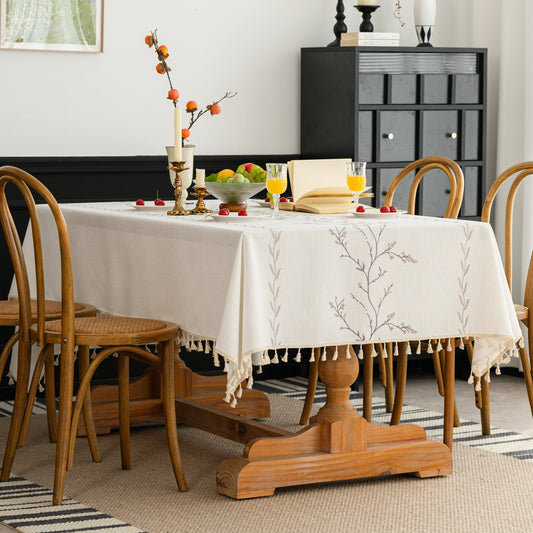 Cotton-Linen Embroidered Grey-beige Floral Tablecloth
