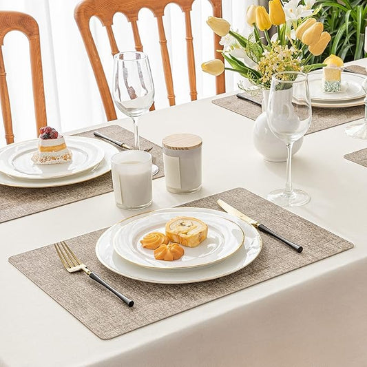 Polyurethane Linen-textured 100% Waterproof Oil-Proof Wipeable Heat Resistant Placemats Set in Khaki
