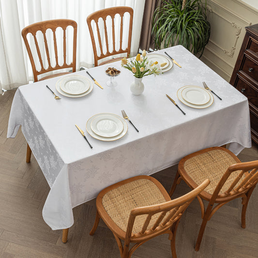 Polyester Jacquard Waterproof Elegant Damask Rose Floral Pattern Tablecloth in White