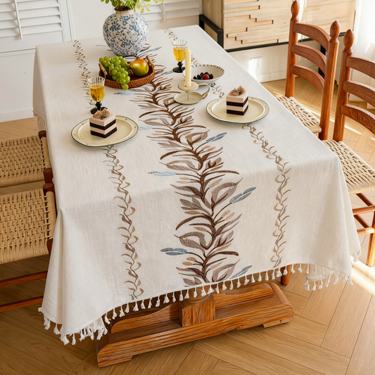 Polyester-Cotton Blend Embroidered Coffee Brown Banana Leaf Tablecloth