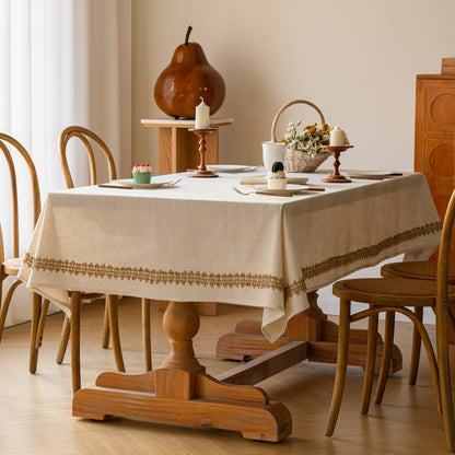 White Polyester Linen Tablecloth with Brown Crisscross Lace