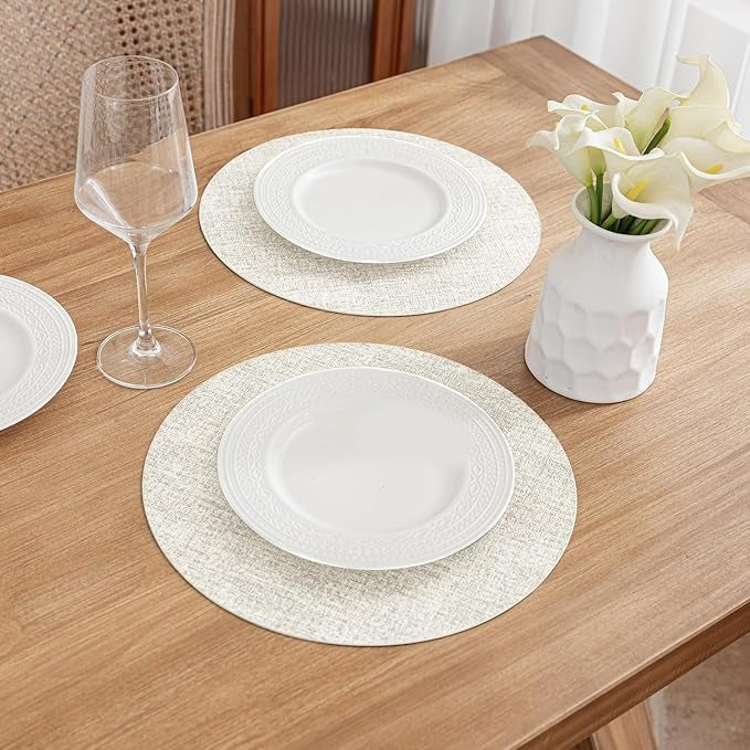 Polyurethane Linen-textured 100% Waterproof Oil-Proof Wipeable Heat Resistant Round Placemats Set in Beige