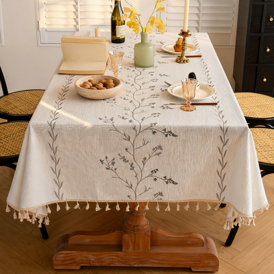 Cotton-Linen Embroidered Grey-blue Floral Tablecloth