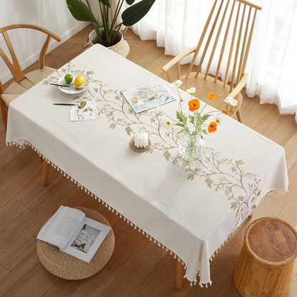 Polyester Branches Embroidery Tablecloth with Tassels in Gold