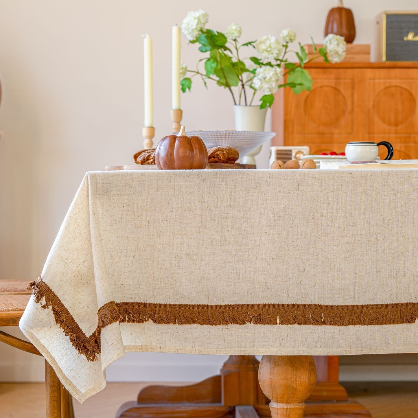White Polyester Linen Tablecloth with Brown Tassel Lace