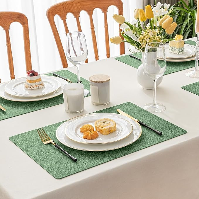 Polyurethane Linen-textured 100% Waterproof Oil-Proof Wipeable Heat Resistant Placemats Set in Dark Green