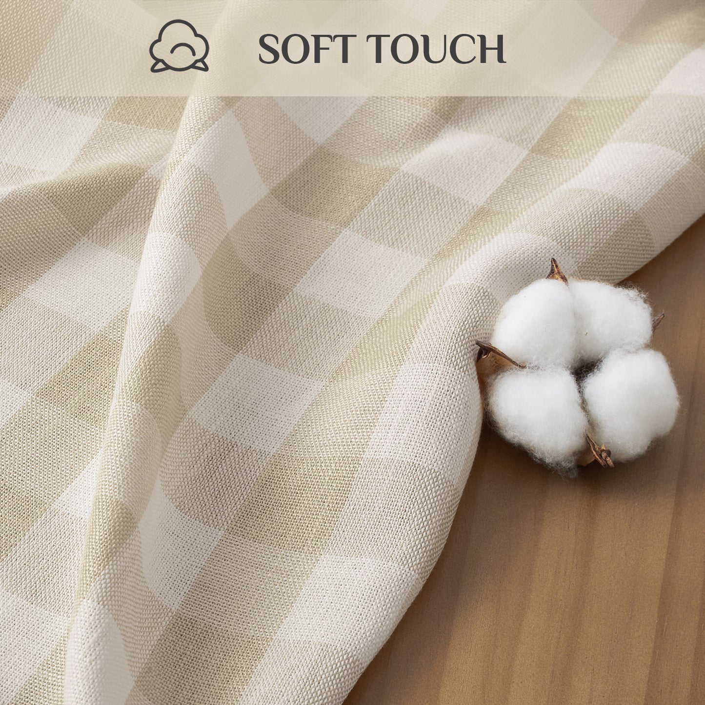 Wrinkle-Resistant Cotton Blend Classic Gingham Tablecloth with Tassels in Beige