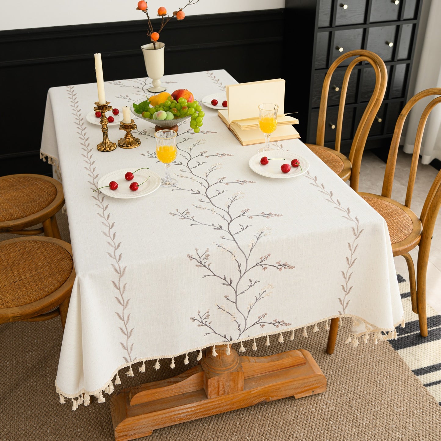 Cotton-Linen Embroidered Grey-beige Floral Tablecloth