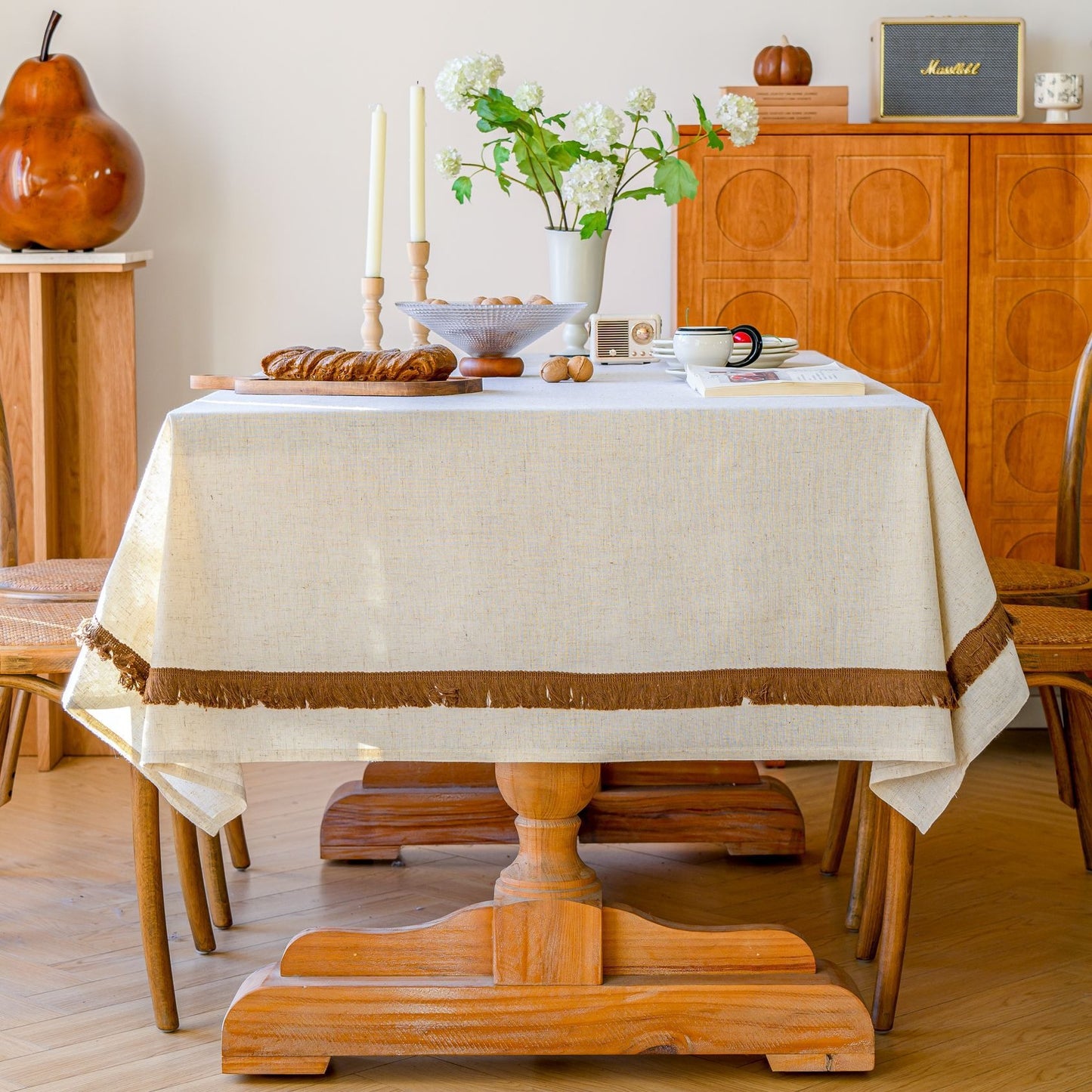 White Polyester Linen Tablecloth with Brown Tassel Lace