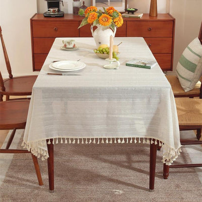 Polyester linen blend multi-strand tassel tablecloth