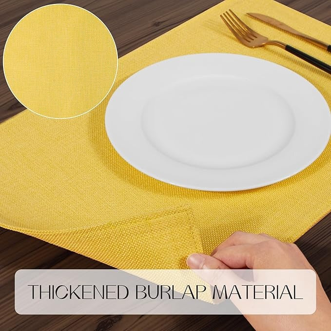 Polyester Burlap Waterproof Oil Resistant Wipeable Heat Resistant Placemats Set in Yellow