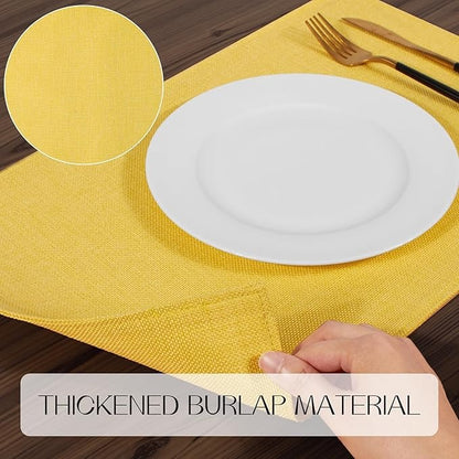 Polyester Burlap Waterproof Oil Resistant Wipeable Heat Resistant Placemats Set in Yellow